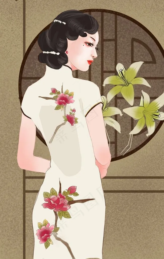 旗袍人物民国插画卡通背景素材图片1701x2551dpi300psd模版下载