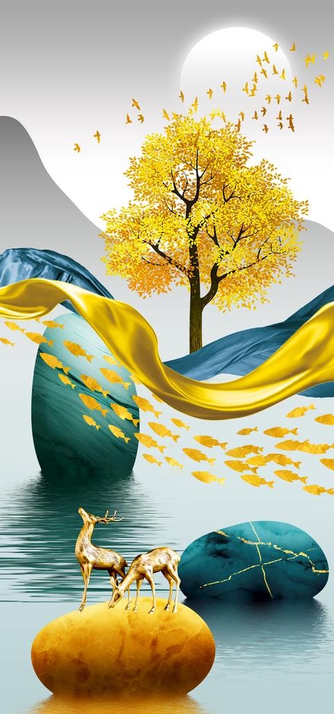 图库提供高质量设计素材下载,本素材作品名称为新中式轻奢麋鹿装饰画