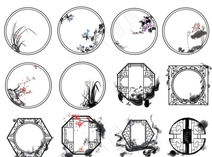 古风水墨中国风花纹边框市井建筑2000x2000dpi300psd模版下载