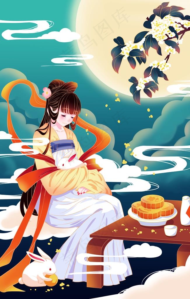 本素材作品名称为中秋嫦娥传统国风插画素材图片(3543x5315(dpi:30))