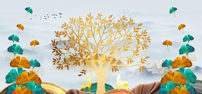 新中式鎏金银杏树叶子风景装饰画图片