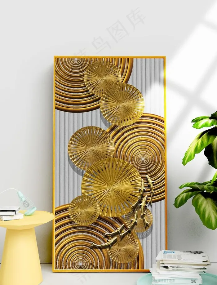 现代抽象金箔金色3D立体鱼画图片