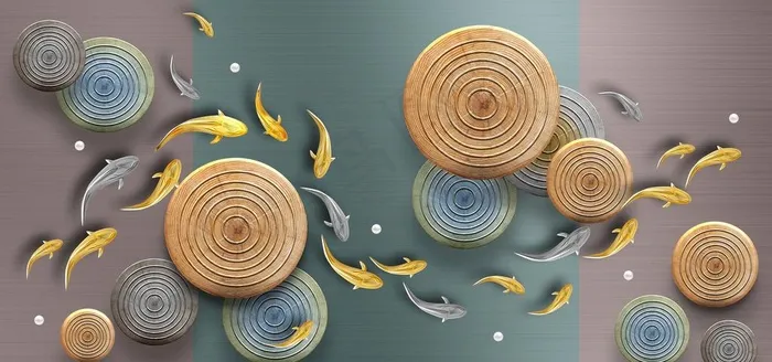 新中式圆盘年轮荷叶鱼群装饰画图片