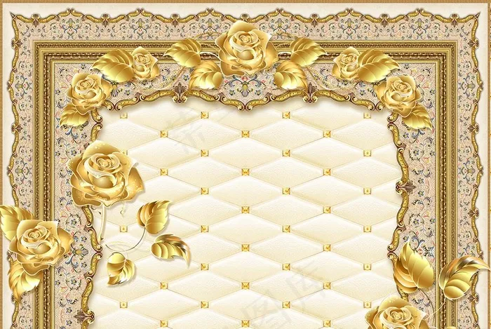 欧式金玫瑰软包沙发背景墙图片