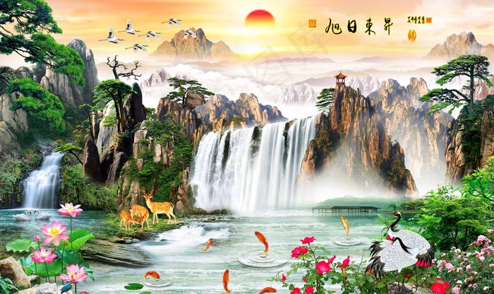 中式山水电视背景墙旭日东升图片9071x5669dpi72psd模版下载