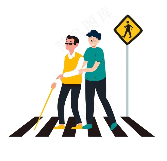 帮助盲人过马路场景插画图片