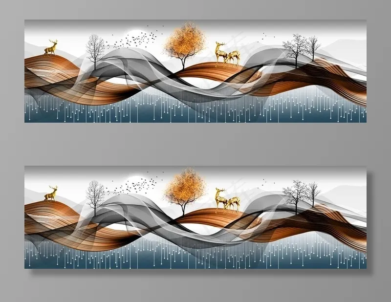 新中式线条飘带意境山水装饰画图片