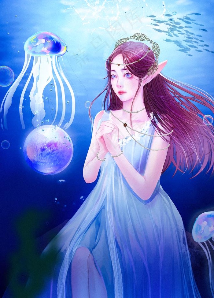 海洋少女插画图片(3543x4724(dpi:150))psd模版下载