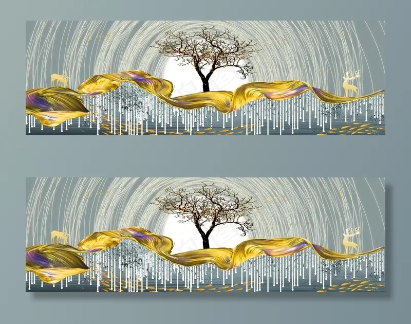 新中式丝绸飘带麋鹿鱼群装饰画图片