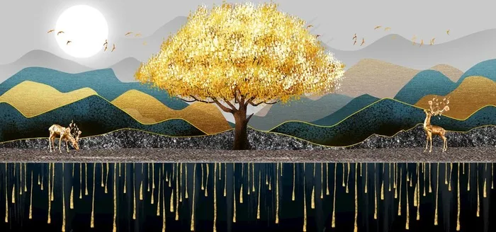 新中式鎏金线条山水麋鹿装饰画图片