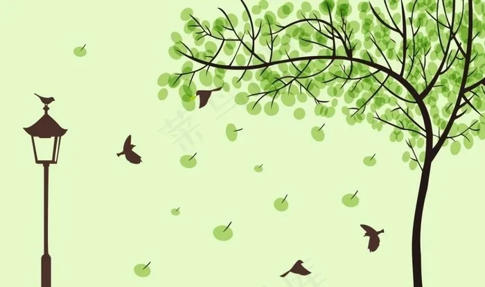 绿色大树小鸟图片