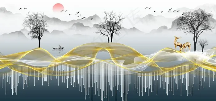 新中式金线线条意境山水麋装饰画图片