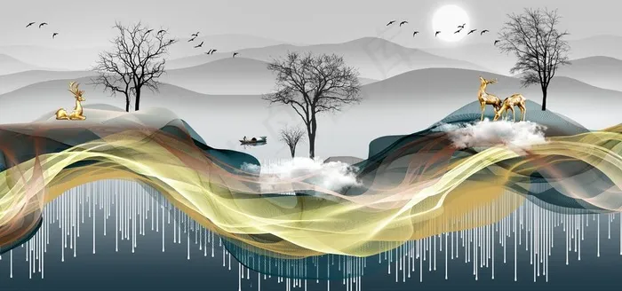 新中式意境山水线条麋鹿装饰画图片