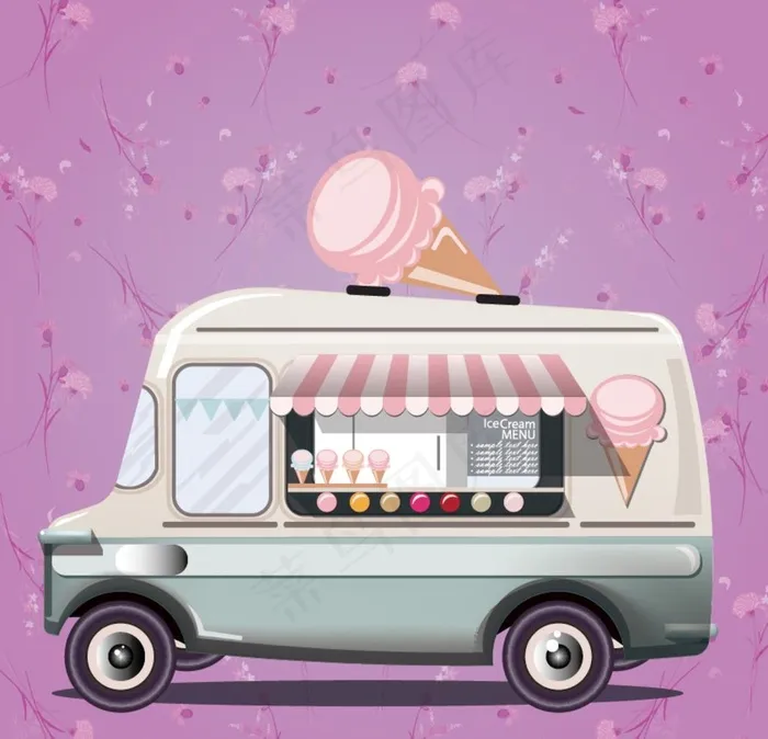 野花顠背景冰淇淋卡车图片