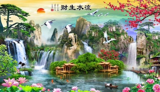 流水生财荷花迎客松瀑布背景墙图片