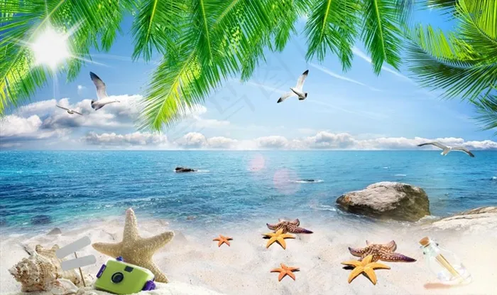 海边沙滩 贝壳 椰树 背景墙图片
