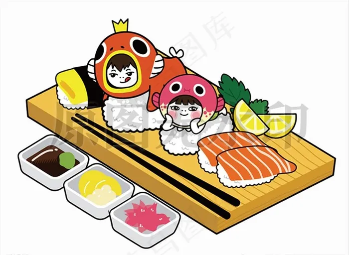 日本料理寿司鱼片芥末酱卡通插图图片