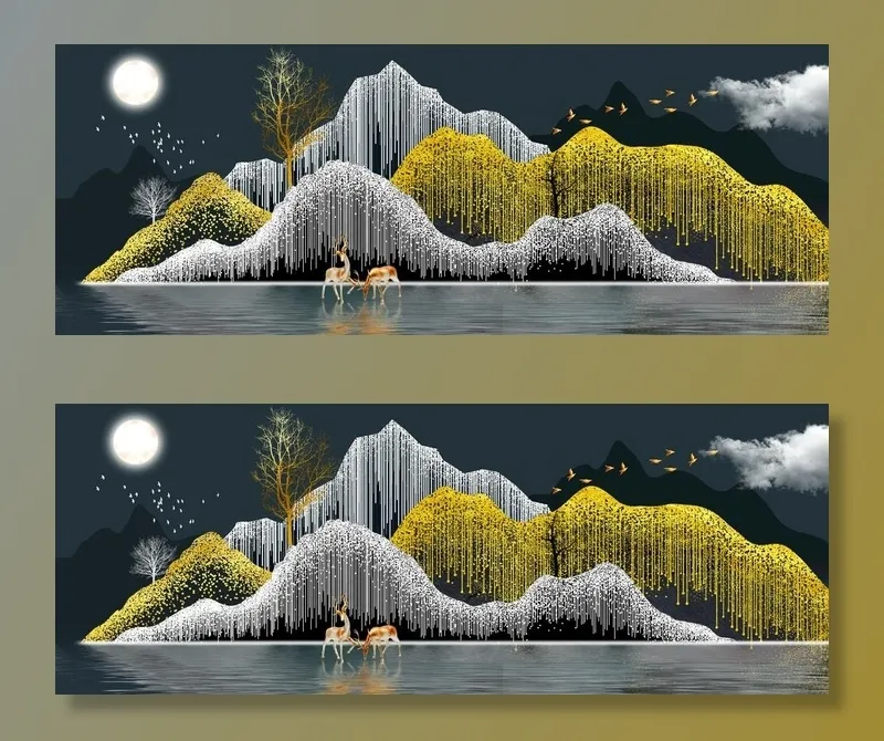 新中式金色线条山水麋鹿装饰画图片