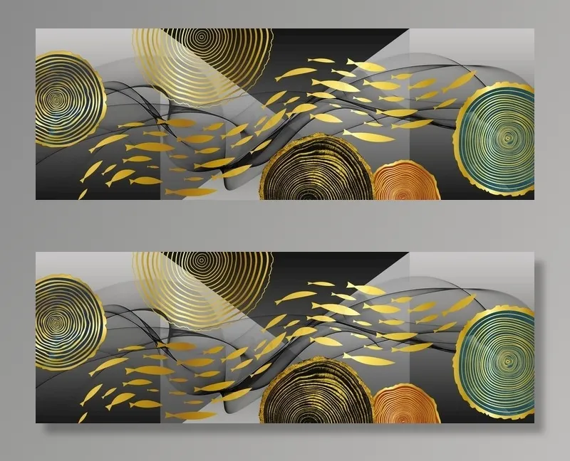 新中式金色鎏金鱼群年轮装饰画图片