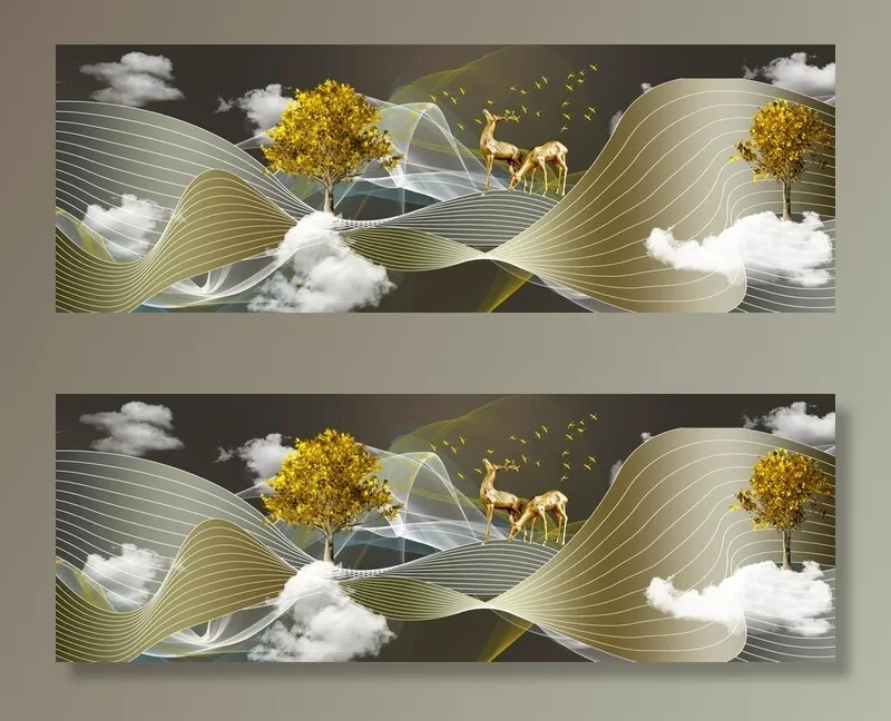 新中式线条飘带麋鹿云雾装饰画图片