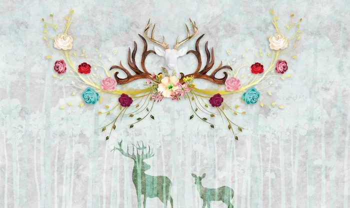 北欧手绘森林梅花鹿电视背景墙图图片9071x5669dpi72psd模版下载