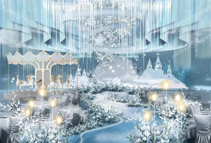蓝色梦幻城堡旋转木马婚礼效果图图片