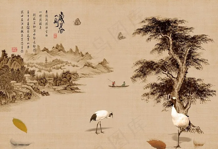 新中式国画松树仙鹤沙发背景墙图片