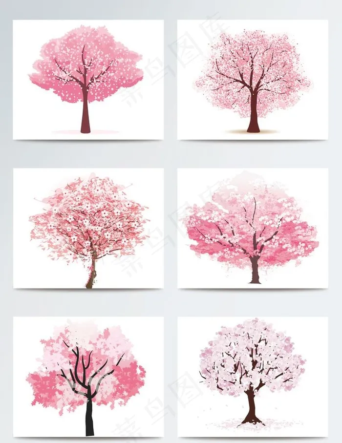 唯美手绘水彩粉色桃花树图片
