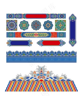 古代中式建筑横梁彩绘花纹矢量