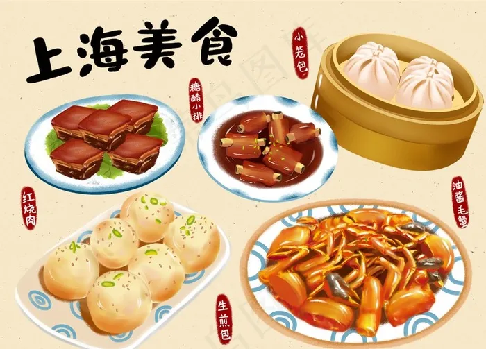 上海美食手绘海报图片