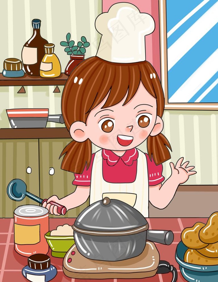 做饭的女孩插画图片psd模版下载
