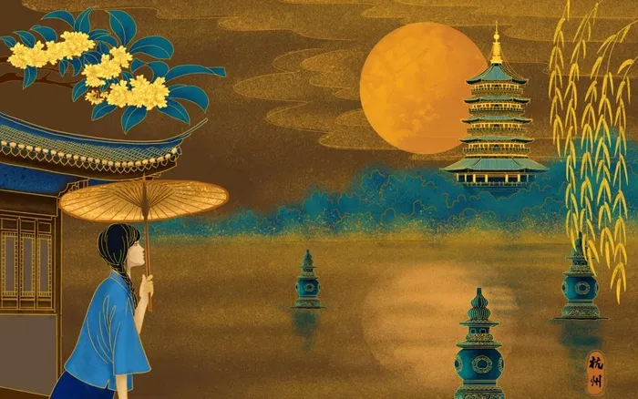 杭州西湖复古景点插画古风背景图片