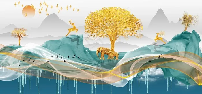 新中式线条意境山水麋鹿装饰画图片