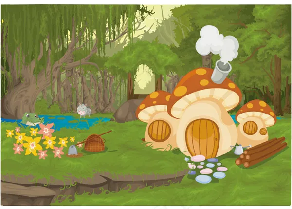 蘑菇屋卡通插图,背景元素