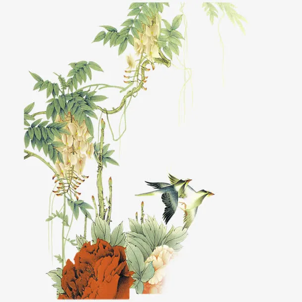 绿色中国画牡丹植物装饰图案免抠