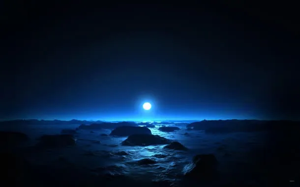 蓝色月光海面礁石海报背景神秘