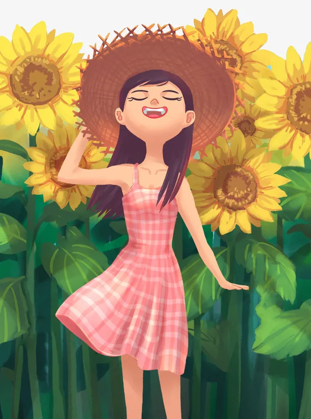 手绘人物插画夏日女孩与向日葵免抠