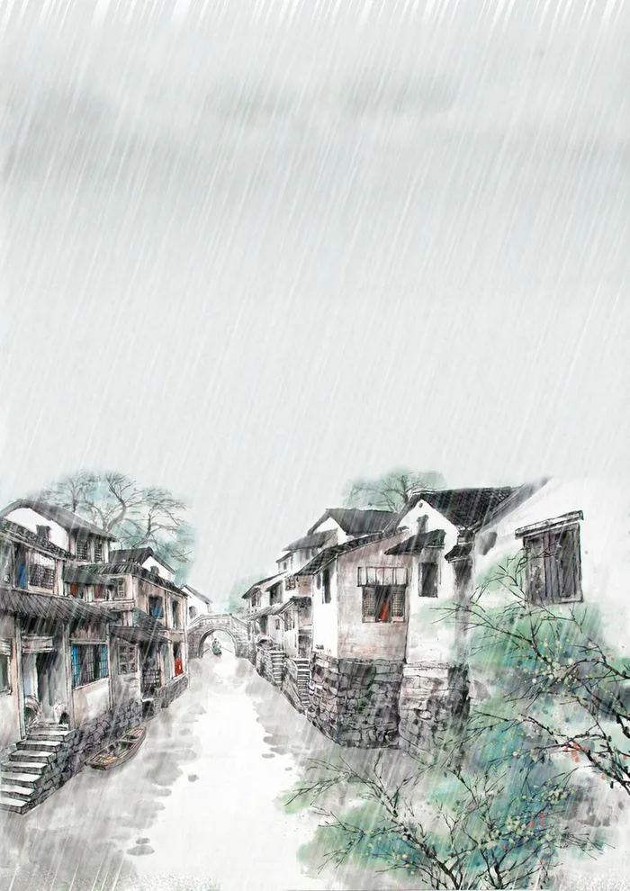 江南小镇雨天背景素材高清