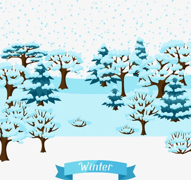 冬天的松树林蓝色雪花免抠