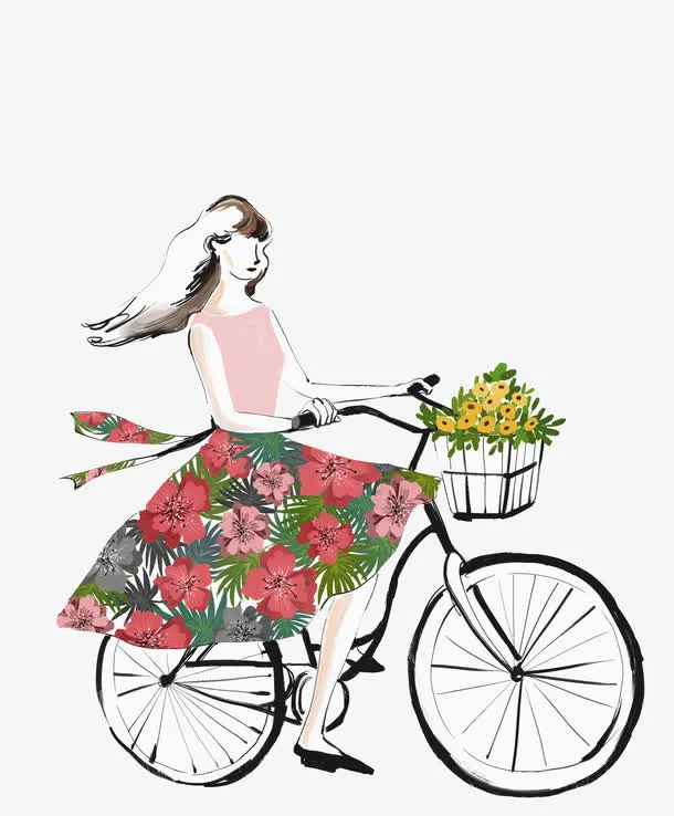 小清新粉色碎花裙骑自行车的女孩免抠