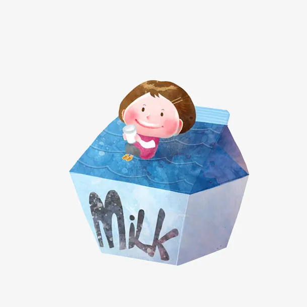 彩绘牛奶盒上喝牛奶的小女孩素材免抠