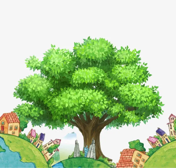 绿色卡通地球大树环保插画免抠