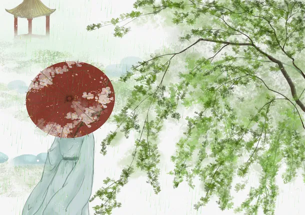 春天树木手绘古风人物雨伞凉亭免抠手绘/卡通手绘元素 - 菜鸟图库