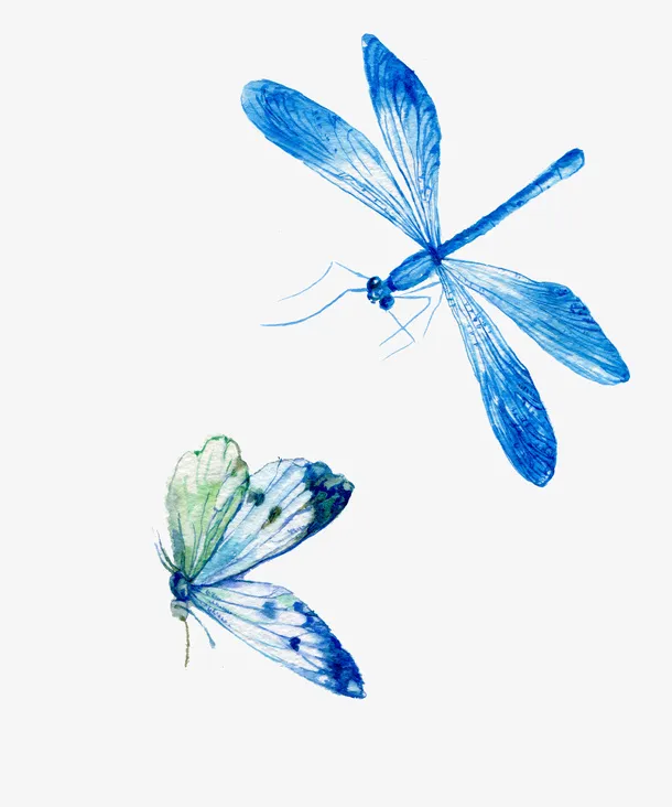 水彩蓝色蜻蜓和蝴蝶免抠