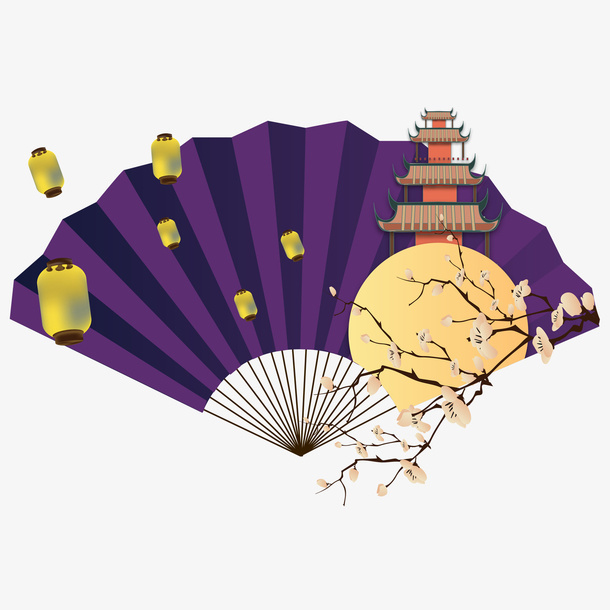 中秋的月亮和扇子和天灯免抠 菜鸟图库