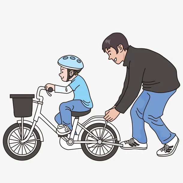 手绘动漫父子卡通爸爸教儿子骑自行车免抠