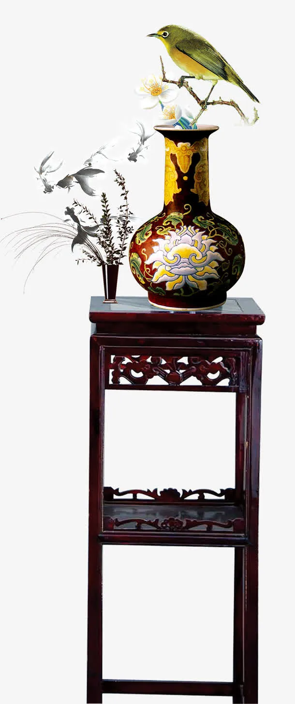中国风木桌上的花瓶免抠 菜鸟图库
