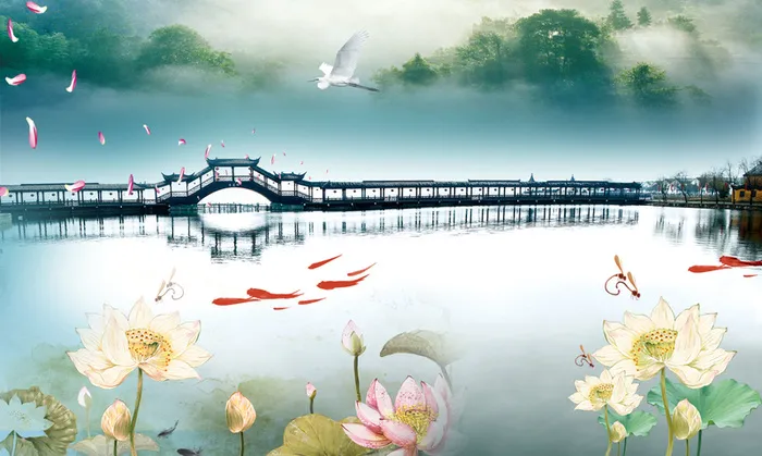 中国风莲花池上的古桥春节背景素材高清
