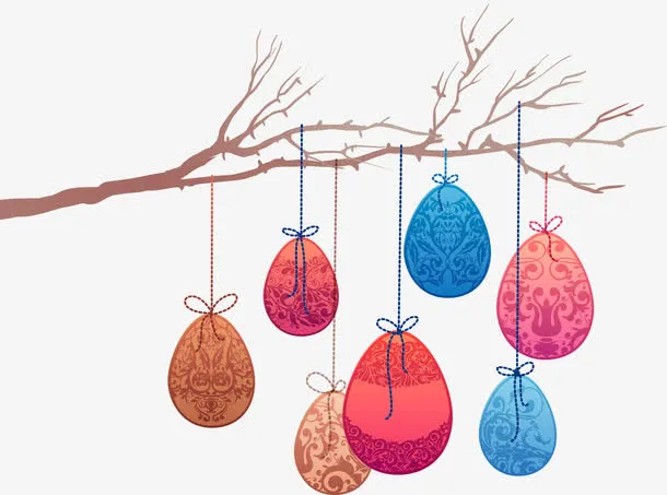 矢量树枝上的彩色鸡蛋免抠