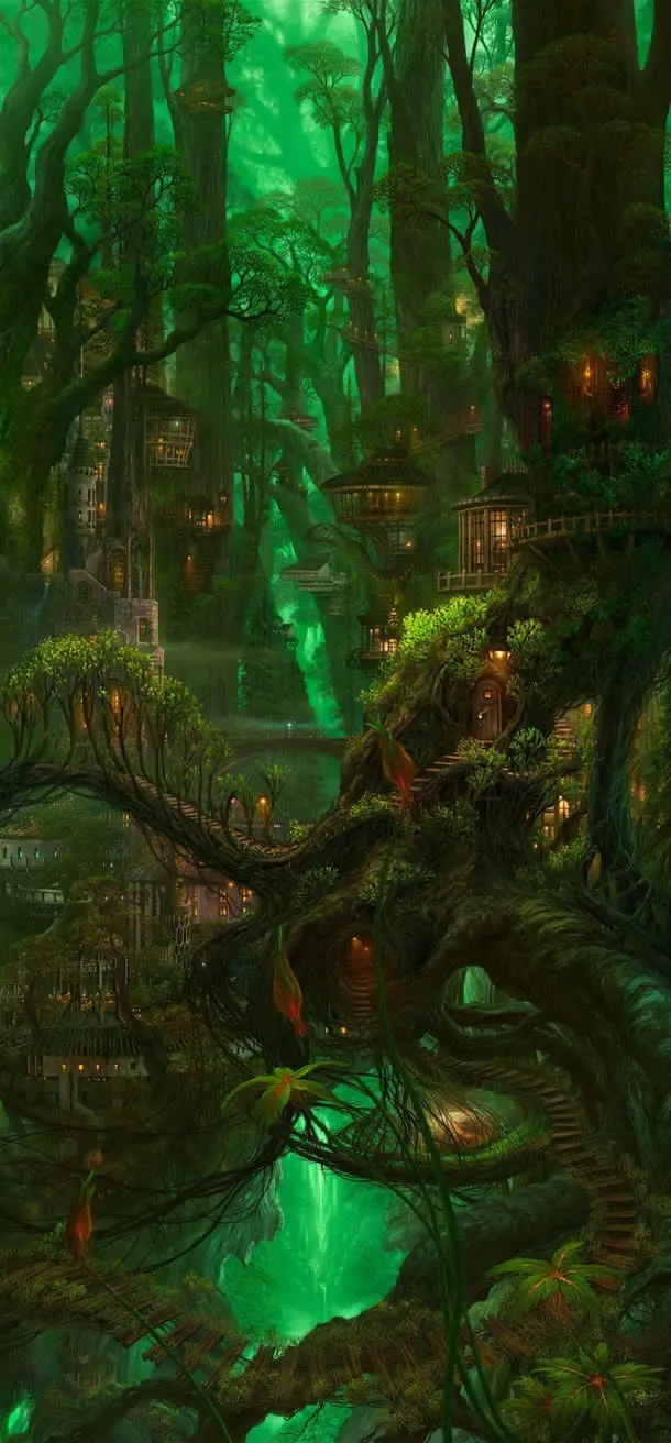 神秘绿色森林房屋免抠